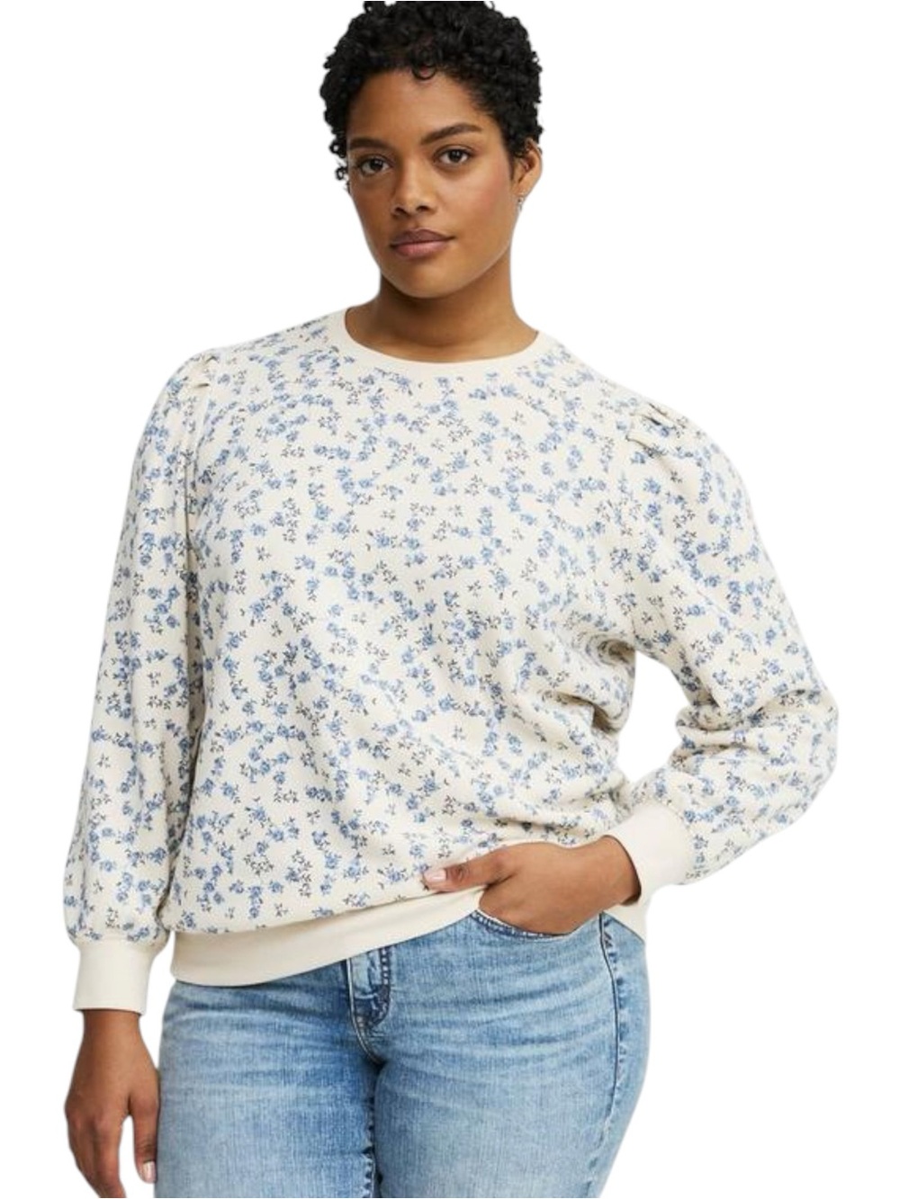 Torrid Cozy Fleece Pleated Sweatshirt Crewneck Women’s 1X 14 16 Floral Cream